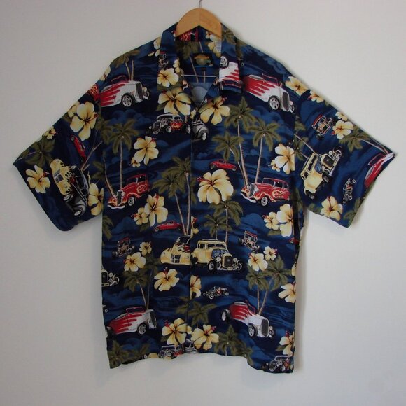 Hawaiian Shirt Floral Hot Rod Cars Palm Trees Short Sleeve Button Size 2 XL XXL - Picture 1 of 12
